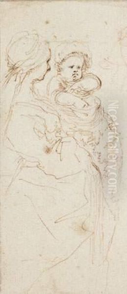 Femme Et Enfant
 Plume Et Encre Brune, Avec Des Traces De Sanguine - view 1