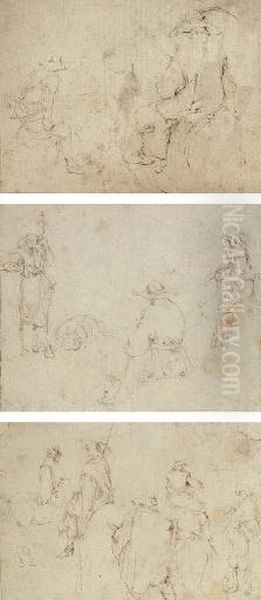 A Soldier With A Pike, A Seated
Figure And A Horseman; Three Horsemen And A Peasant Driving A Cow,
Another To The Right; And Two Lancers Seen From Behind - view 1
