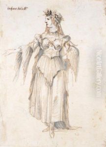 An Elaborately Costumed Standing Woman Wearing A Laurel Wreath by Stefano della Bella