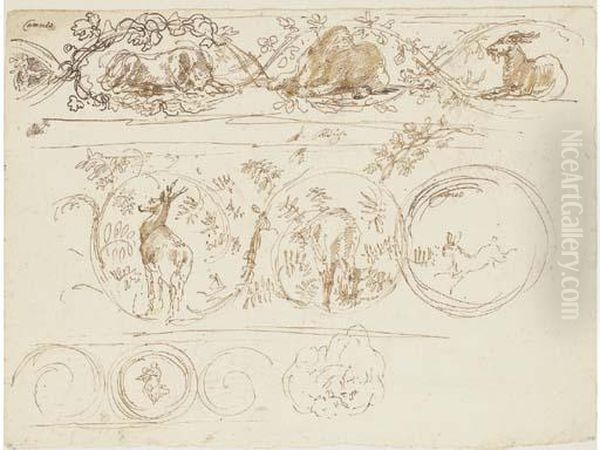 Friezes Of Garlands Enclosing A
Lioness, A Bear And A Goat; A Stag,a Doe And A Hare (recto); A Man On A
Horse And A View Of Thecampidoglio, Rome, With A Study Of The River God
Nile (verso) - view 1