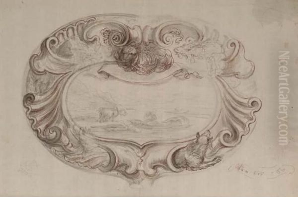 A Cartouche With Two Goats And
Two Wolves Enclosing A Riverlandscape With A Boatman Approaching A Goat - view 1