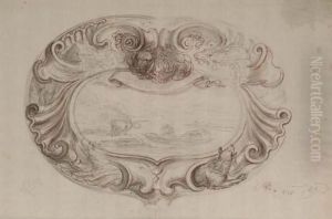 A Cartouche With Two Goats And 
Two Wolves Enclosing A Riverlandscape With A Boatman Approaching A Goat by Stefano della Bella