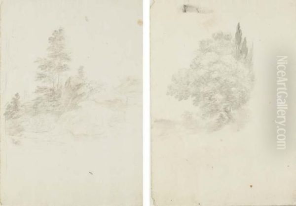 A Rocky Landscape With Trees In The Background; And A Clump Oftrees With Two Cypresses - view 1