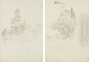 A Rocky Landscape With Trees In The Background; And A Clump Oftrees With Two Cypresses by Stefano della Bella