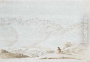 A Mountainous Landscape With A Harvester In The Foreground, Afarmhouse Beyond