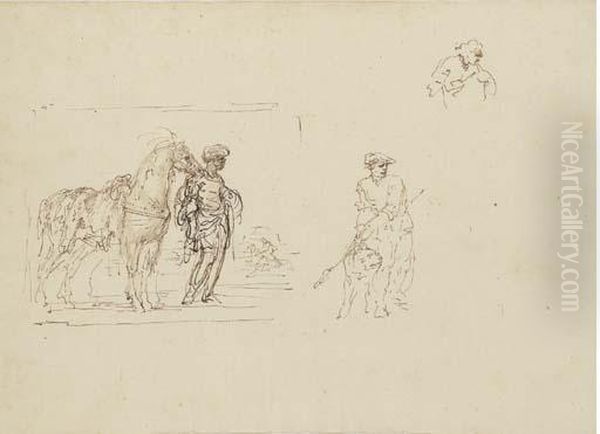 A Moor Holding A Horse Saddled
With A Leopard Skin And Studies Of Afigure Holding A Dog And Another
Figure - view 1