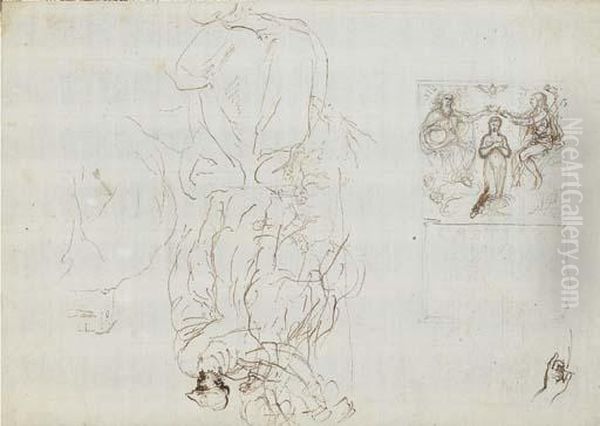 A Study For A Frontispiece: The 
Trinity Crowning The Virgin, Andstudies Of A Man With A Horse, A Jumping
 Horse, A Hand And Abuilding On A Crag - view 1