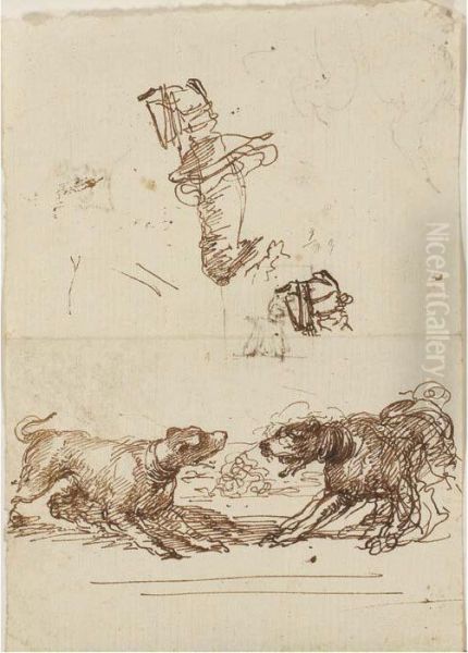 Two Barking Hounds With Studies 
Of A Leg And A Foot In A Stirrup(recto); A Caricature, A Head And A Dog 
(verso) - view 1