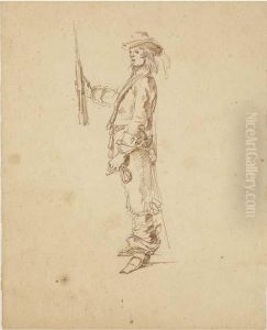 A Soldier In Profile To The Left Presenting Arms by Stefano della Bella