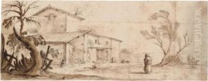 A Peasant Woman Approaching A Farmhouse by Stefano della Bella