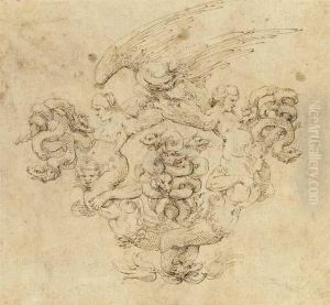 A Cartouche In The Form Of Two
Mermen With Intertwined Tailssupporting Harpies Whose Wings Support An
Eagle by Stefano della Bella