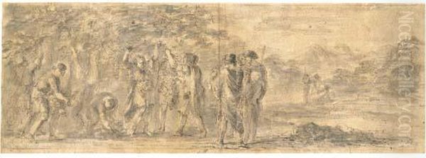 Figures Picking Grapes In An Extensive Mountainous Landscape - view 1