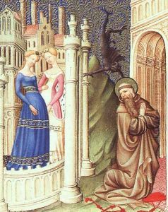 Belles Heures de Duc du Berry -Folio 186- St. Jerome Tempted by Dancing Girls 1408-09 by Jean Limbourg
