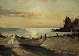 "barche Sulla Spiaggia D'inverno" (liguria) 3.7.1908 by Lorenzo Delleani