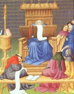 Belles Heures de Duc du Berry -Folio 94- Diocres Expounding the Scriptures 1408-09 by Jean Limbourg