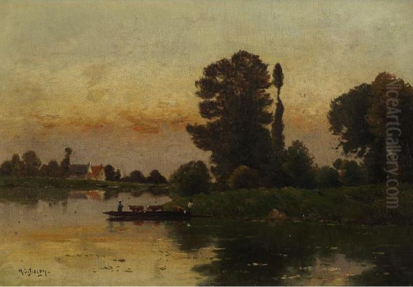 Carrying Cattle To Shore At Sunset - view 1