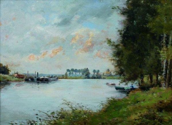 Pecheur En Barque Et Peniches Sur La Riviere - view 1