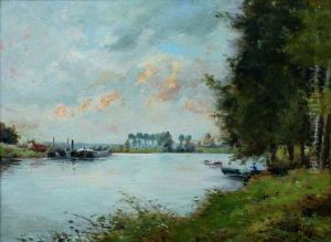 Pecheur En Barque Et Peniches Sur La Riviere by Hippolyte Camille Delpy