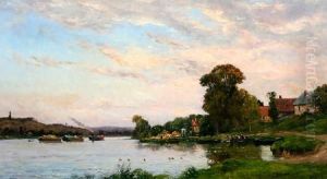 French River Landscape With Barges Andwasherwomen by Hippolyte Camille Delpy