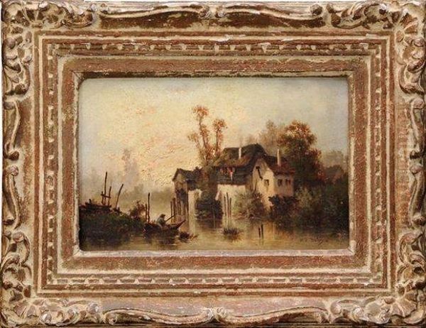 Chaumiere En Bord De Riviere Et Pecheur - view 1