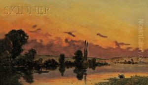 River Scene At Sunset by Hippolyte Camille Delpy