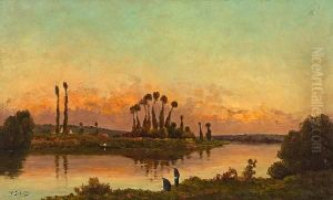 Washerwomen Beside A River At Sunset