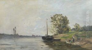 Paysage A La Peniche Et Aux Lavandieres by Hippolyte Camille Delpy