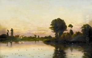 Flusspartie Bei Untergehender Sonne. by Hippolyte Camille Delpy