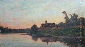 River Landscape, Man With A Boat At A Ford, Beside A Church