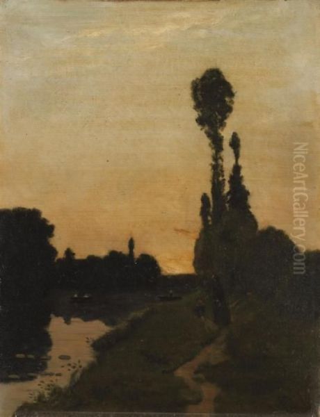 Promeneurs Du Soir Le Long D'une Riviere Paisible - view 1