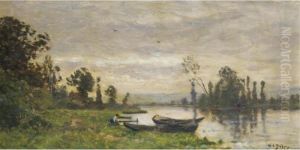 Barques Et Lavandieres Au Bord De L'eau by Hippolyte Camille Delpy