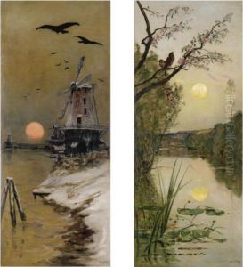 Windmill At Sunset; Early Bird And Blossom; Daffodils; Autumnalriver Bank by Hippolyte Camille Delpy