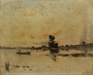 Pecheurs Dans Une Barque Sur Un Lac by Hippolyte Camille Delpy