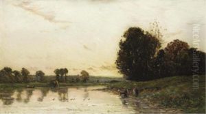 River Scene At Sunset With Washer Women by Hippolyte Camille Delpy