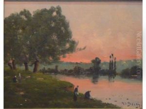 Lavandieres En Bord De Riviere by Hippolyte Camille Delpy