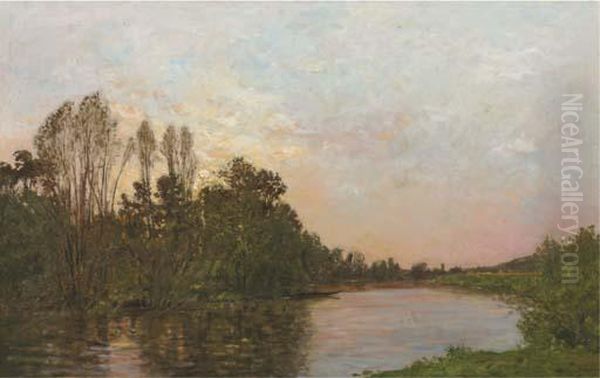 Soleil Couchant Pres Mantes: Along A River At Dusk - view 1