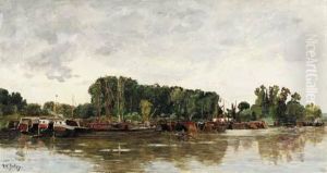 Barges A Rangiport Sur Seine
Signed 'h.c.delpy.' (lower Left) by Hippolyte Camille Delpy