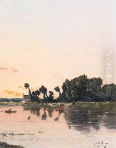 A Lake Landscape At Sunset by Hippolyte Camille Delpy