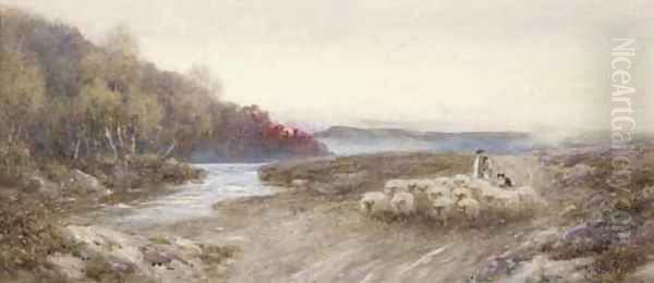 A shepherd and his flock returning home at sunset - view 1