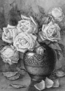 Yellow Roses in a blue Ceramic Vase by Madeleine Jeanne Lemaire