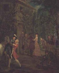 Elegant figures outside a house by Marcellus, the Younger Laroon