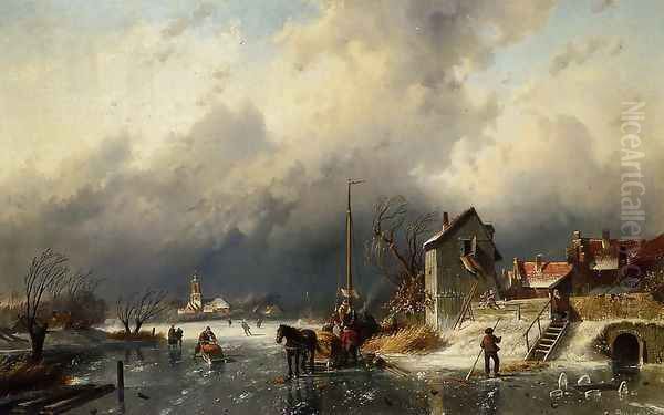 A Frozen River Landscape with a Horsedrawn Sleigh - view 1