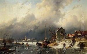 A Frozen River Landscape with a Horsedrawn Sleigh by Charles Henri Leickert