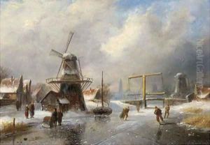 Overtoom bij Amsterdam skaters on a frozen canal by Charles Henri Leickert