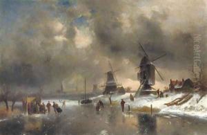 Windmills along a frozen waterway with a 'koek en zopie' by Charles Henri Leickert