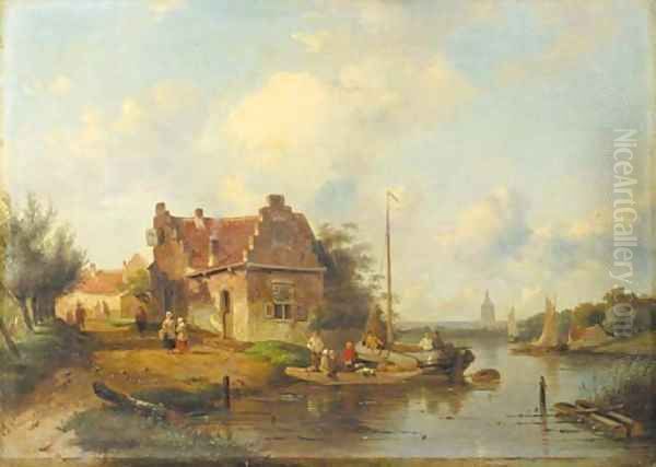 A river landscape with a ferry, a town beyond - view 1