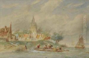 A ferry crossing a river by Charles Henri Leickert