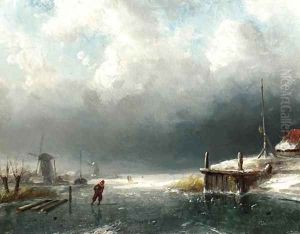 A skater on the ice, windmills in the distance by Charles Henri Leickert
