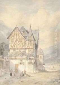 A tavern in a German landscape by Charles Henri Leickert
