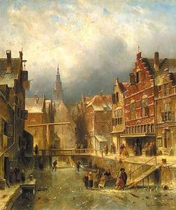 A townview in winter with figures on a frozen canal